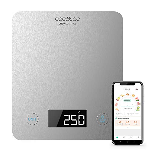 Cecotec Kitchen Scale Cook Control 10000 Connected with App, Stainless Steel Finish, 1 gr precision, 5 kg capacity, LCD screen, extra-flat design, Anti-fingerprint coating