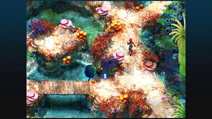 A boy runs across a pixelated coral beach scene in Chrono Cross: The Radical Dreamers Edition