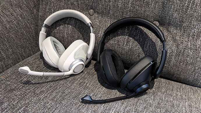 Both the open-back and closed-back versions of the EPOS H6Pro gaming headset sitting next to each other.