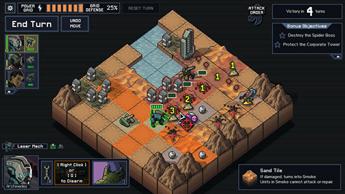 Mechs battle bugs in an Into The Breach screenshot.