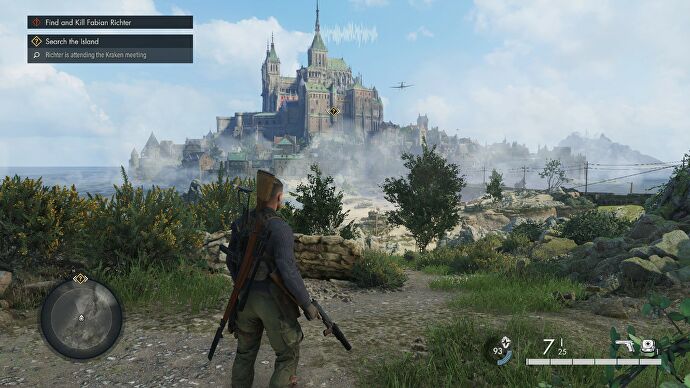 Karl Fairburne looking over the coastal spy academy, covered by a veil of mist as a plane flies overhead in Sniper Elite 5
