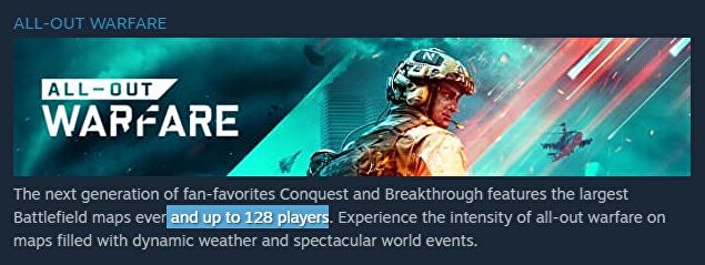 Steam marketing copy for Battlefield 2042 which shows that they're still advertising "up to 128 players" for a fashion that no longer has it.