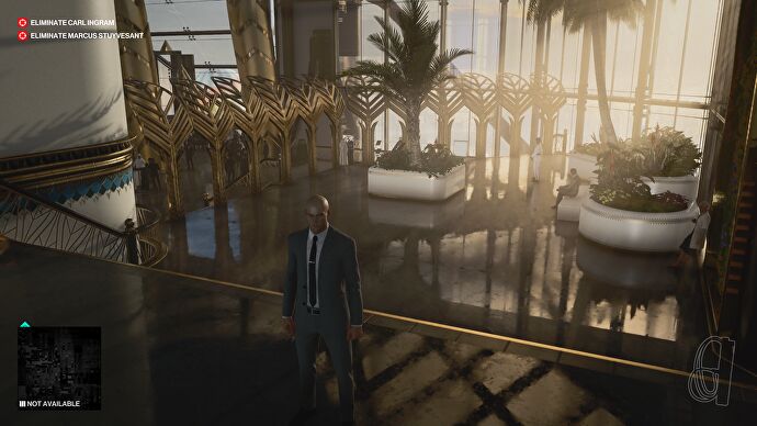 A shiny floor in Hitman 3, showing its ray traced reflections setting.