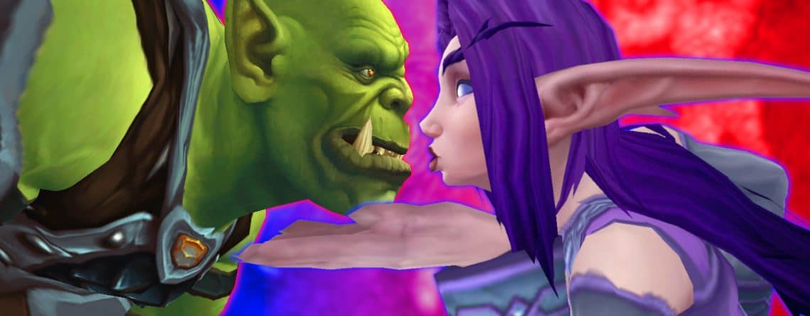 WoW Orc Male Night Elf Female Kiss red blue background cross fact play titel title 1280x720