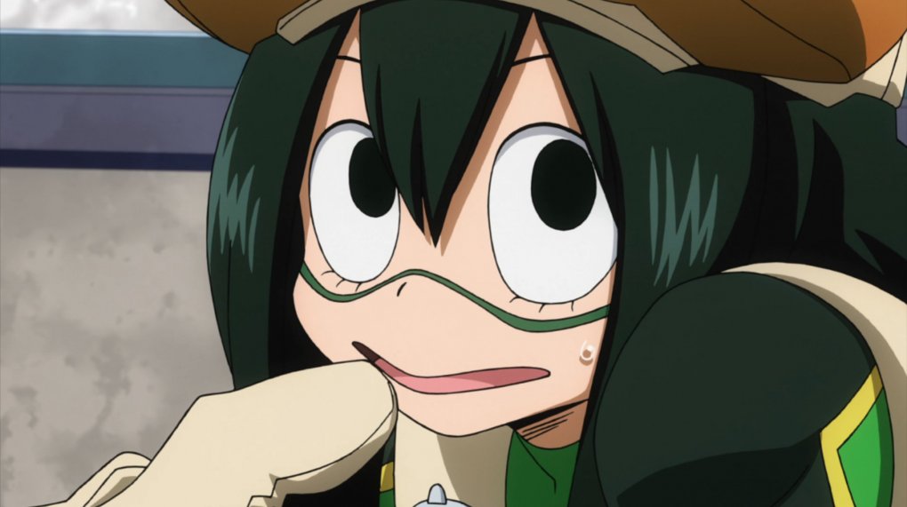 This is what Froppy looks like in the My Hero Academia anime - the comic-like and funny facial features (also compared to other characters from MHA) are difficult for cosplayers to imitate without looking like a horror figure.