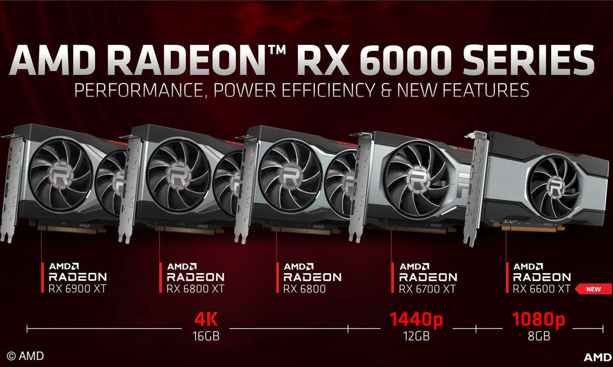 The AMD portfolio with the new Radeon RX 6600 XT (right).