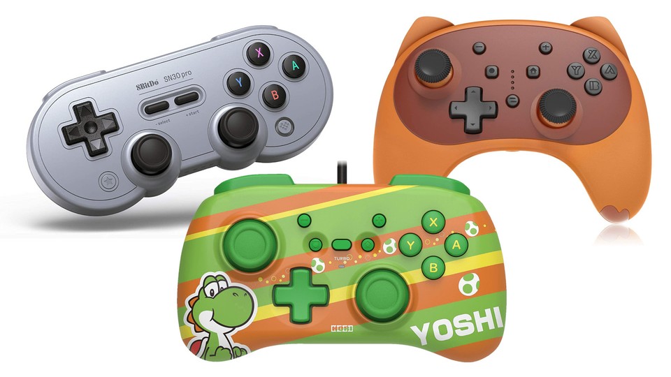 For the Nintendo Switch, the selection of child-friendly controllers is comparatively good.  From left to right: The 8bitdo SN30 Pro, the Horipad Mini and the Kingear Controller.
