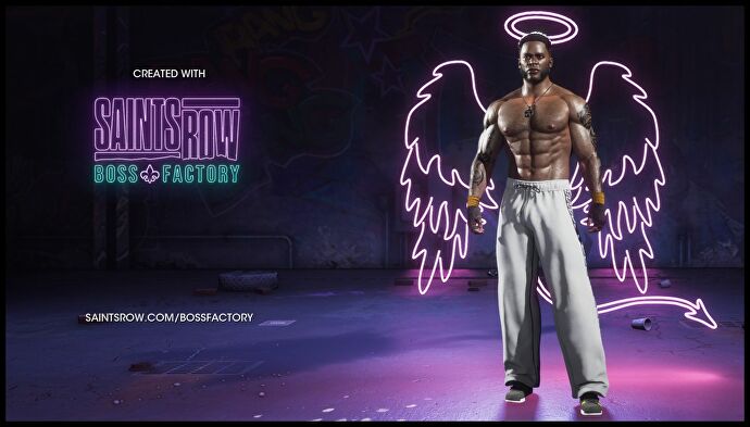 A boss in the Saints Row Boss Factory: a black man wearing gray jogging bottoms and no top, with tribal tattoos on his arms