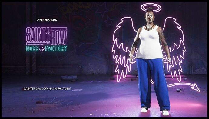 A boss in the Saints Row Boss Factory: a black woman with vitiligo, wearing a white singlet and blue tracksuit bottoms