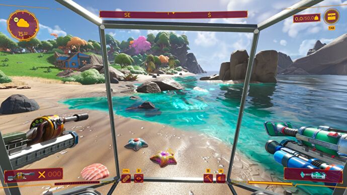 The player explores a beach from inside their mech in Lightyear Frontier