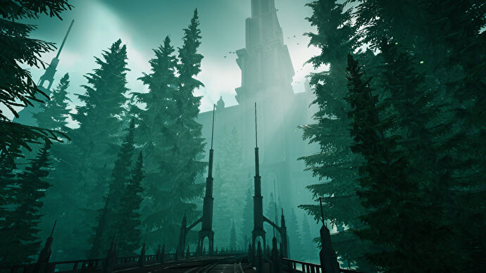 Giant spooky Gothic architecture in the fog in a The Silent Swan screenshot.