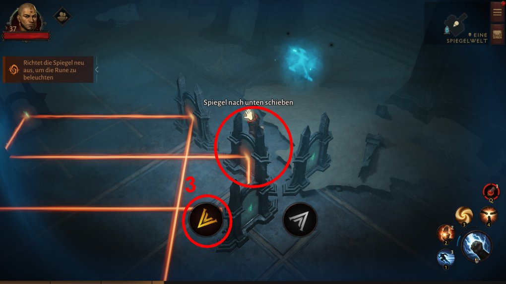 <strong>Diablo Immortal:</strong> Then go to the mirror next to the two on the far right and move it two places down (number 3 + 4 on this and the next picture) so that it clears the way for the light beam to hit the rune power”/></p>
<div style=