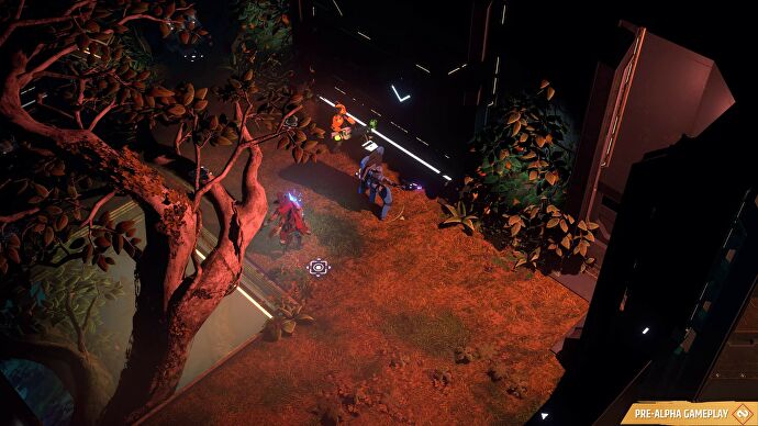 Three heroes stand in an overgrown area of ​​the abandoned space station in Endless Dungeon.