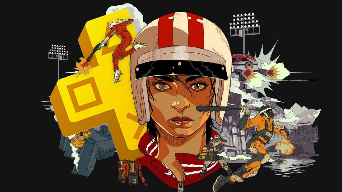 The key art from Rollerdrome with the PS Plus logo