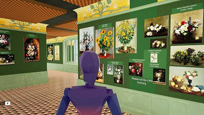 A manikin looking at a wall covered in paintings of flowers