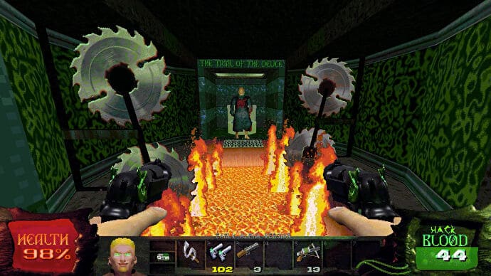 Zane looks at a Psyko enemy using his executive toilet, surrounded by flames and spinning sawblades in Slayers X Terminal Aftermath Vengance of the Slayer
