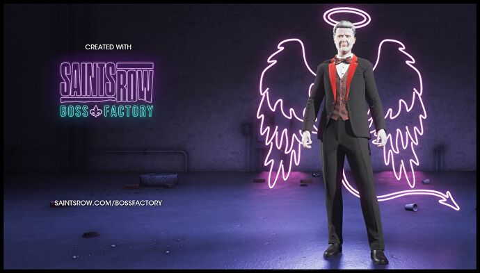 A boss in the Saints Row Boss Factory: an older white man in a suit who is either a butler or a vampire