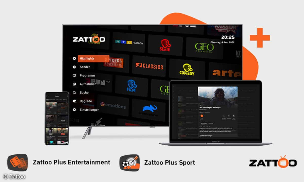 The Zattoo Plus user interface on smartphones, televisions and notebooks