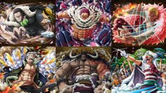 Six of the most popular Straw Hat antagonists from One Piece.  The chic artwork comes from the game One Piece: Treasure Cruise.