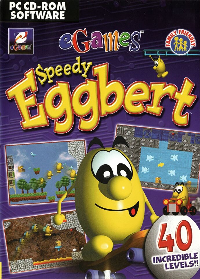 The PC box cover for Speedy Eggbert, boasting 40 incredible levels