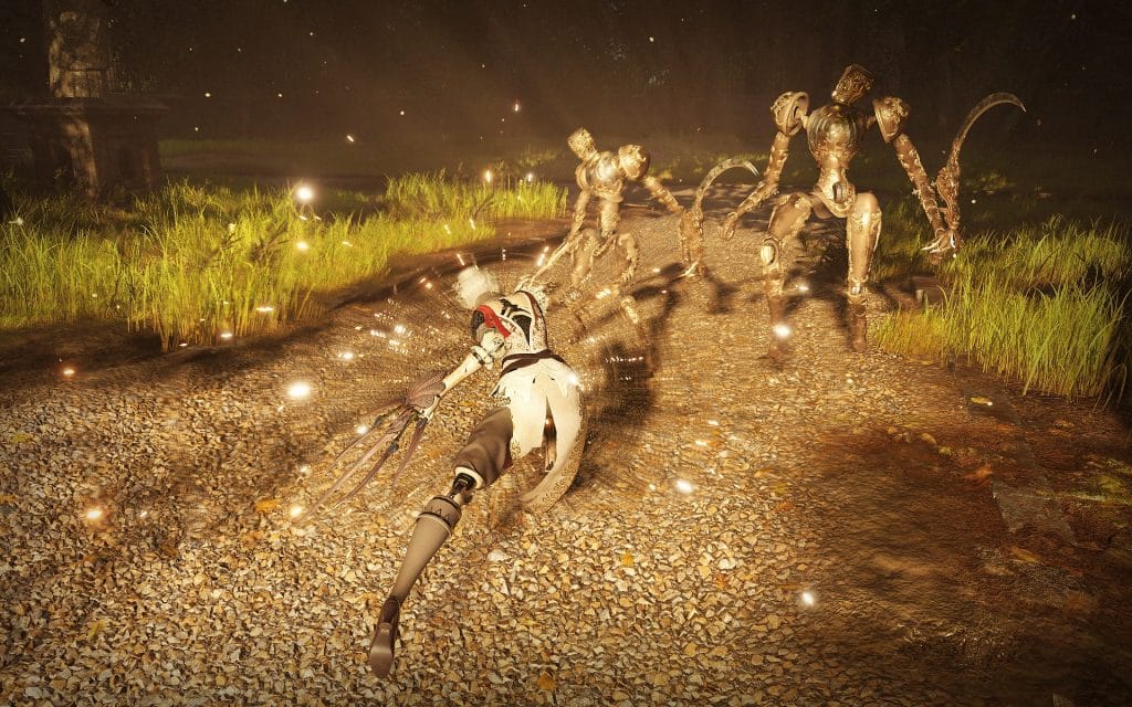 Steelrising screenshot showing combat in a garden