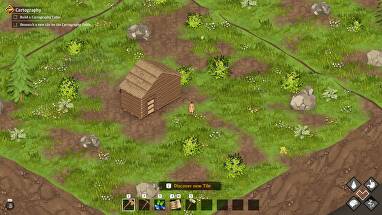 Above Snakes screenshot showing Aiyana next to a small wooden hut on a plains biome tile.