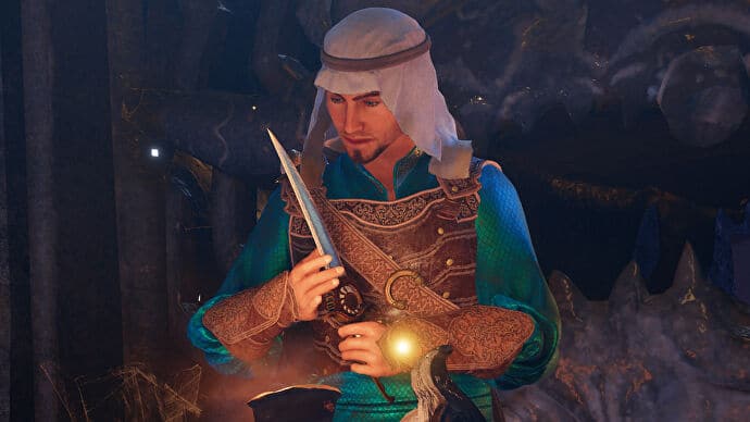 The prince lifts the magical dagger in a screenshot from The Prince Of Persia: The Sands Of Time Remake.