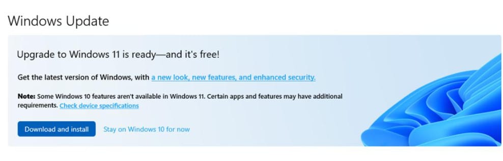 Windows update to 11 popup