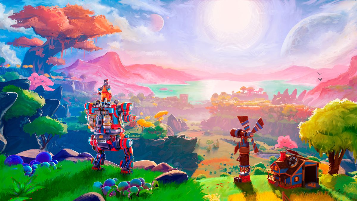 A robot surveys a colorful rural landscape in Lightyear Frontier