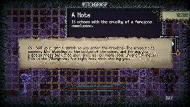 A scroll unfurls across a screen of purple tiles in Witch Strandings