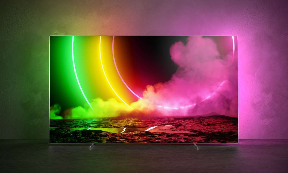 The new OLED 806 with four-sided Ambilight and two unobtrusive two-tone metal rod bases will be available in four sizes from 48 to 77 inches.