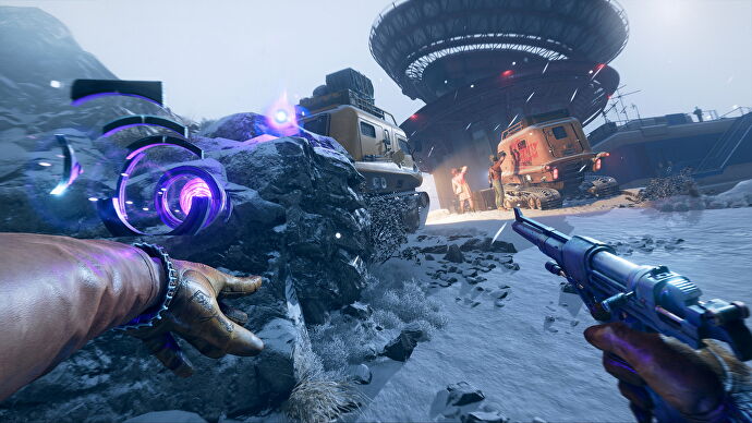 The player prepares to use their Shift power in an icy hillside in Deathloop