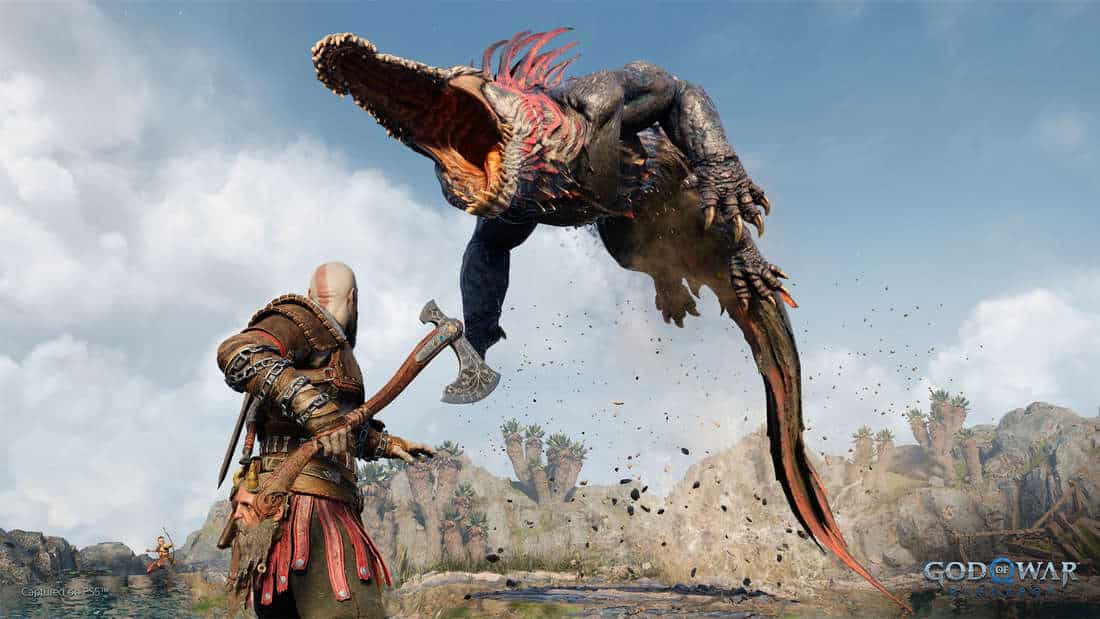 Kratos fights a crocodile-like monster
