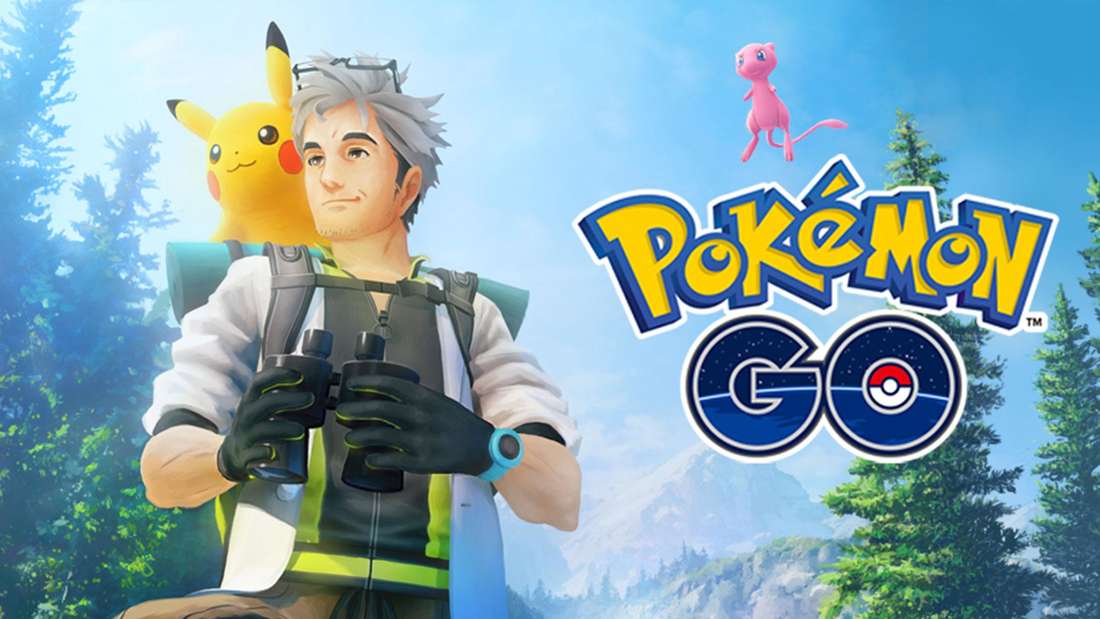 Prof Willow with Pikachu, Mew in the background.  On the right the Pokémon GO logo