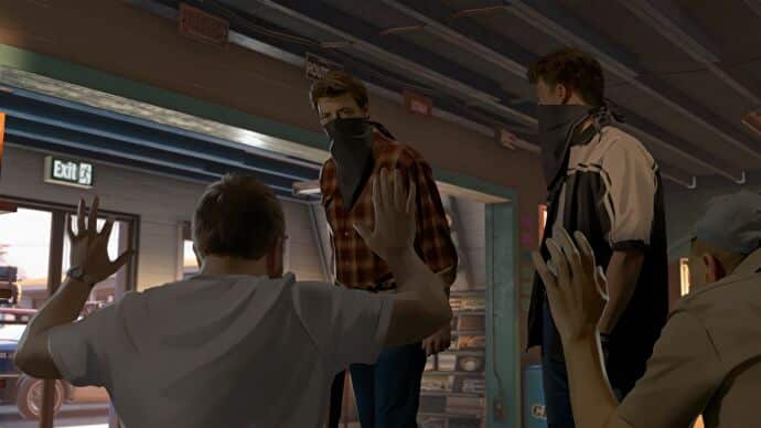 As Dusk Falls screenshot showing two men wearing bandanas to hide their faces holding people hostage in a motel.