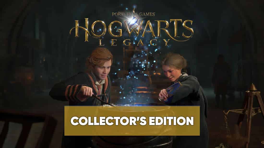 Two witches mix a potion behind a Collector's Edition shield