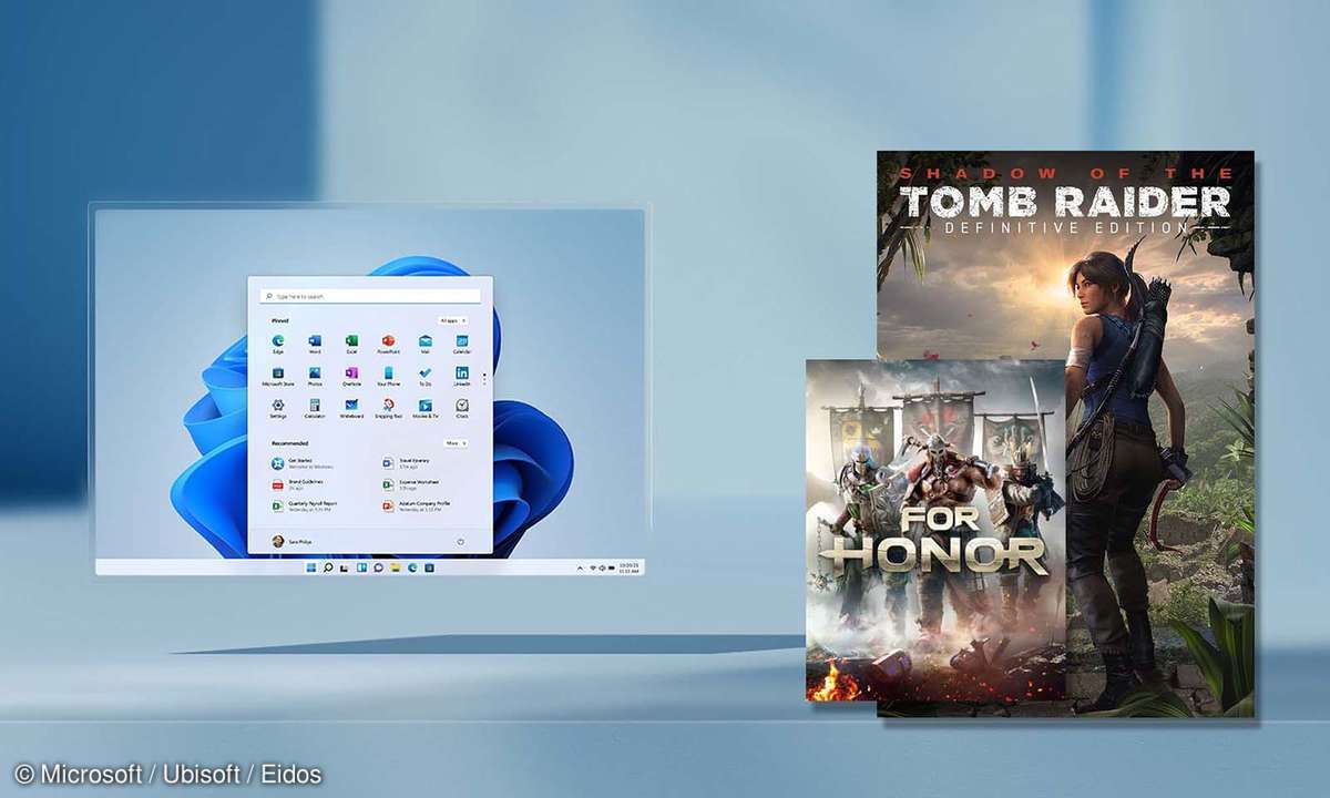 Photomontage: Windows 11 home screen and the logos of For Honor and Shadow of the Tomb Raider