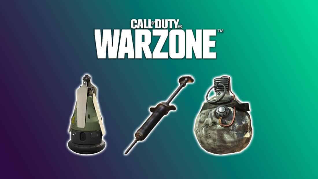 A snapshot grenade, a syringe and a Semtex under the Warzone logo