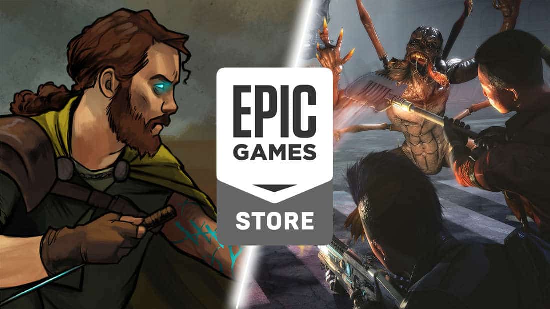 Artwork of Ancient Enemy and Killing Floor 2 side by side behind Epic Games Store logo