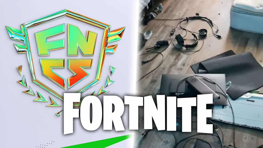 Fortnite Champion Series logo next to image of destroyed computer