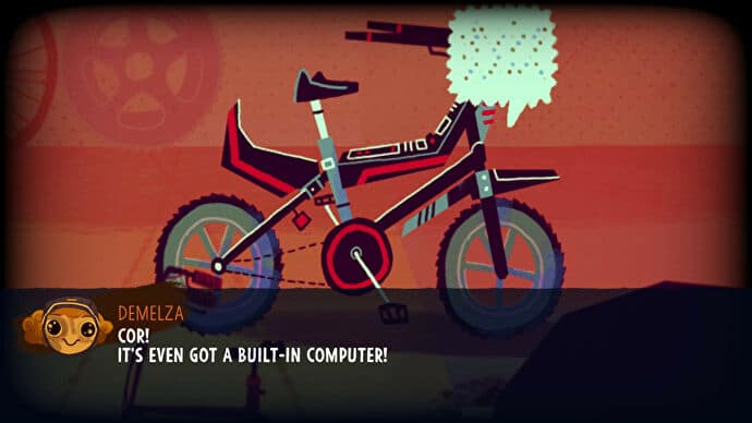 A cool bicycle with a built-in computer, inspired by the Raleigh Vektar, in a Knights And Bikes screenshot.