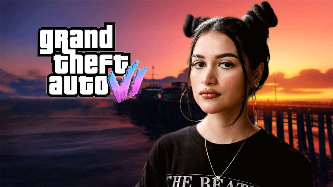 Woman in front of sunset next to GTA 6 logo.