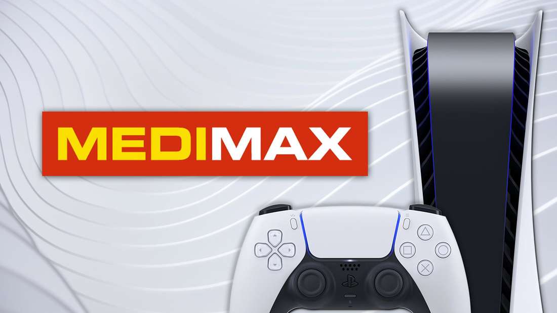 The PS5 in front of the MediMax logo