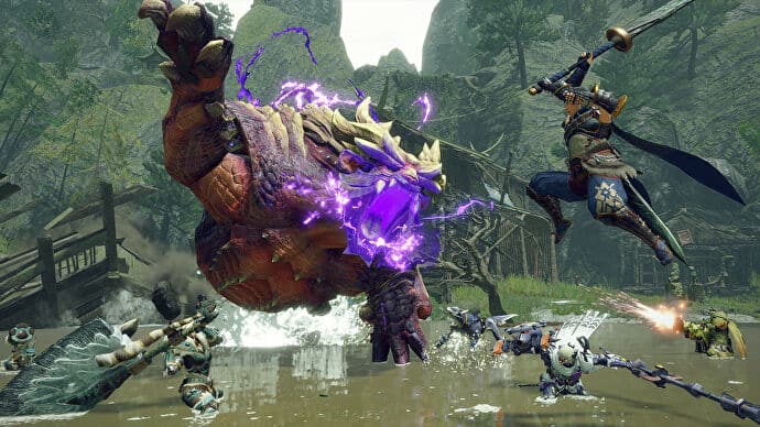 A Monster Hunter Rise character battling a large, purple-glowing monster with the aid of several Buddies.