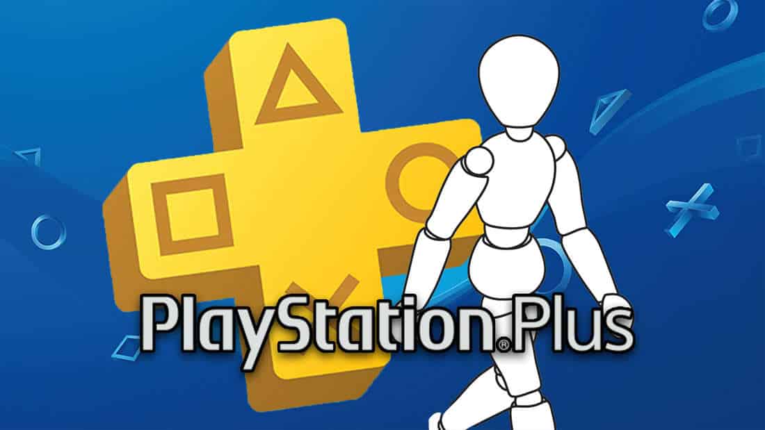 PS Plus logo next to white manikin against blue PlayStation background