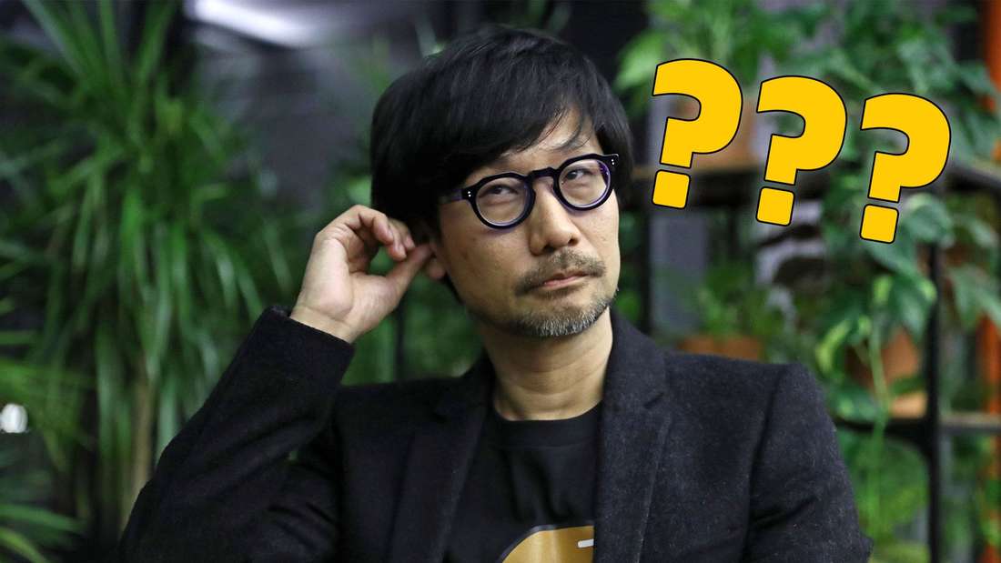 Video game developer Hideo Kojima with a questioning look, next to three question marks.