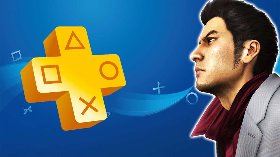 The PS Plus logo next to a character from Yakuza.