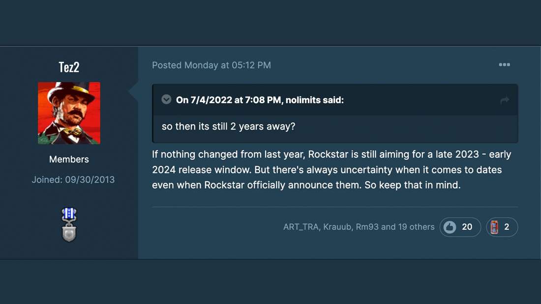 Screenshot of Tez2's post on GTAForums regarding the GTA 6 releases.  Text: