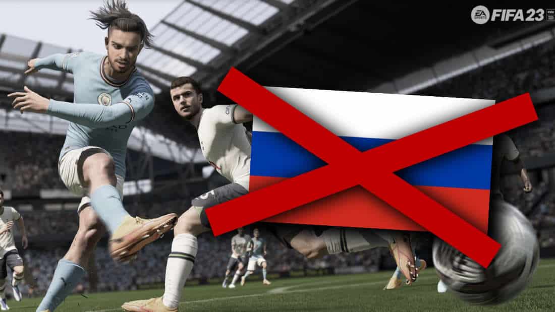 FIFA 23 concept art next to a crossed-out Russian flag