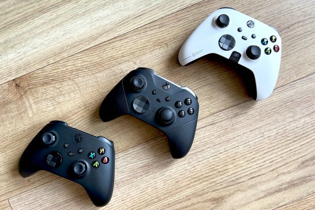 Controller Evolution: From left to right, the Microsoft Xbox Wireless Controller, Microsoft Xbox Elite Wireless Controller 2, and Scuf Instinct Pro.